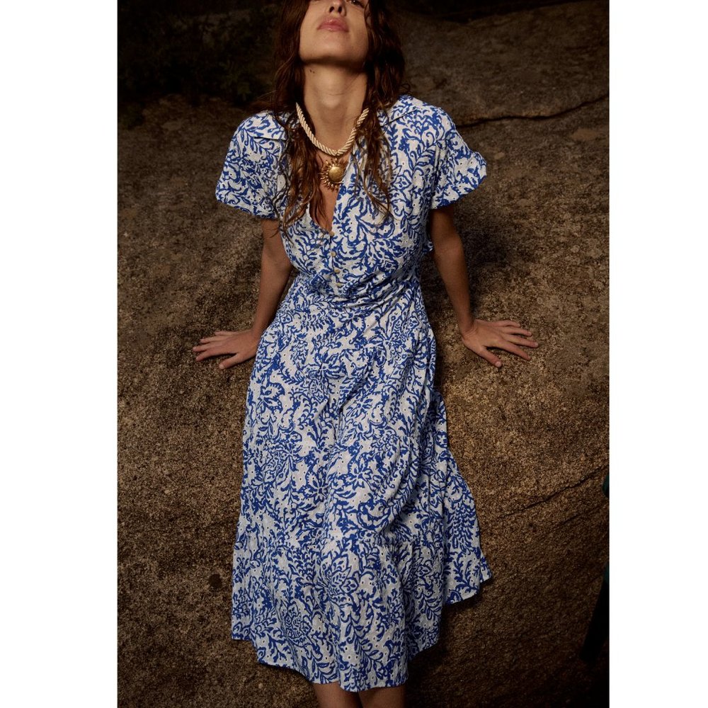 ZARA BLUE OPENWORK EMBROIDERY EMBROIDERED MIDI DRESS BUTTONS M,L,XL 3077/615 - Picture 9 of 17